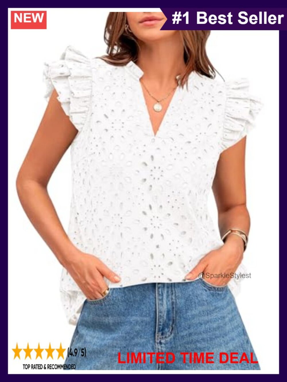 Eyelet Embroidered V Neck Ruffle Sleeve Top Dressy Casual Blouse